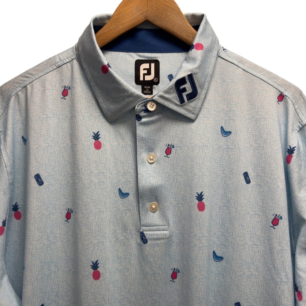 FootJoy Tour Issued Logo Mens Size XL Blue Tropical Pineapple Tiki Golf Polo euc